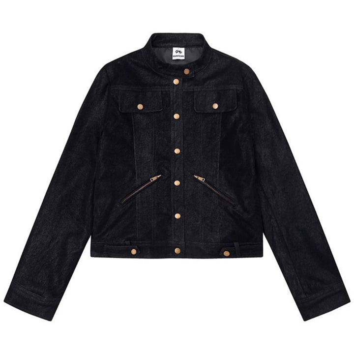 Women Short Cut Faux Leather Jacket in Vintage Moto Style Mune Fashion