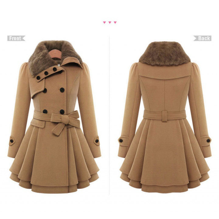 Women's tailored wool coat with bell skirt, double-breasted and faux fur collar Mune Fashion