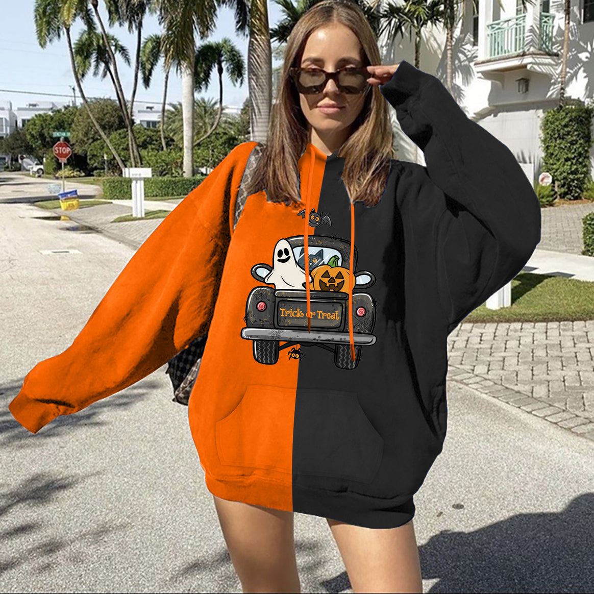 Women's Oversize Hoodie with Split Block Look and Halloween Gnome Print Mune Fashion