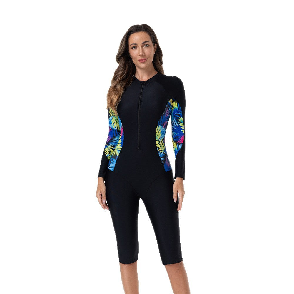 Women Long Sleeve Surf Suit with Colorful Plant Pattern Mune Fashion