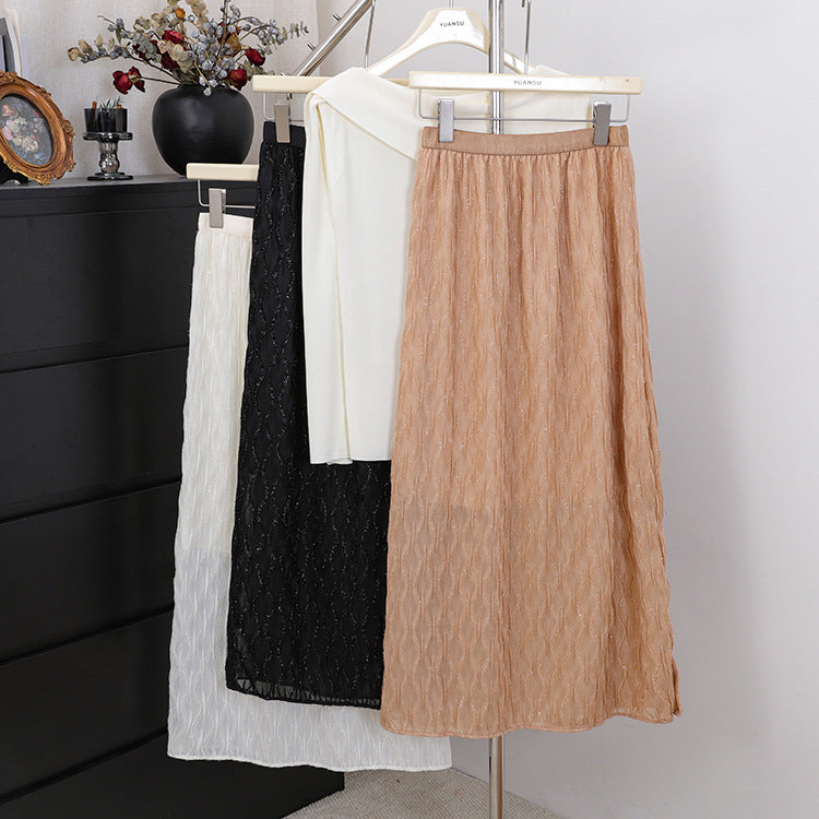 Women's embroidered midi maxi skirt with fine glitter mesh and elastic comfort waistband.