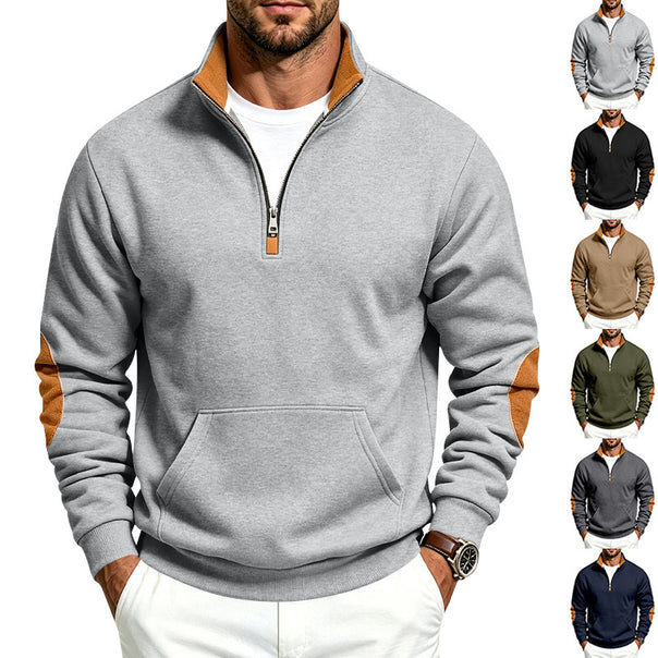 Men's Troyer sweater with half zip, kangaroo pocket, and elbow patches Mune Fashion