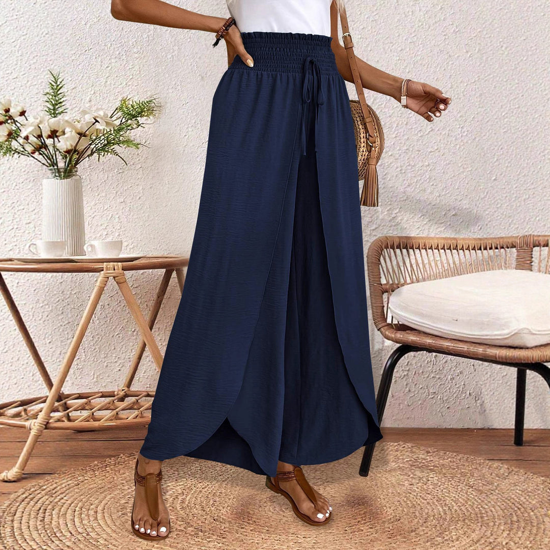 Ladies nan wrap maxi skirt with high smocked waistband and integrated palazzo pants lining Mune Fashion