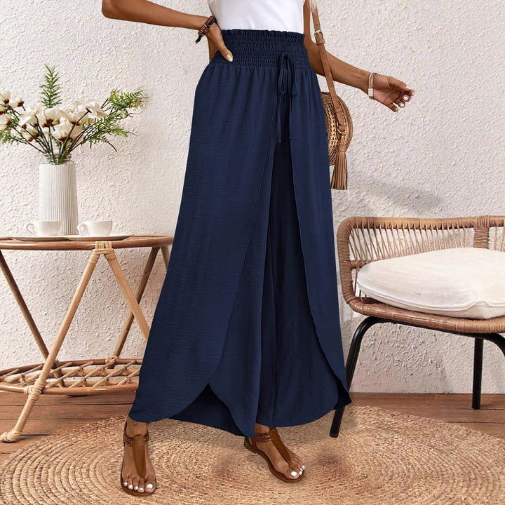 Ladies nan wrap maxi skirt with high smocked waistband and integrated palazzo pants lining Mune Fashion