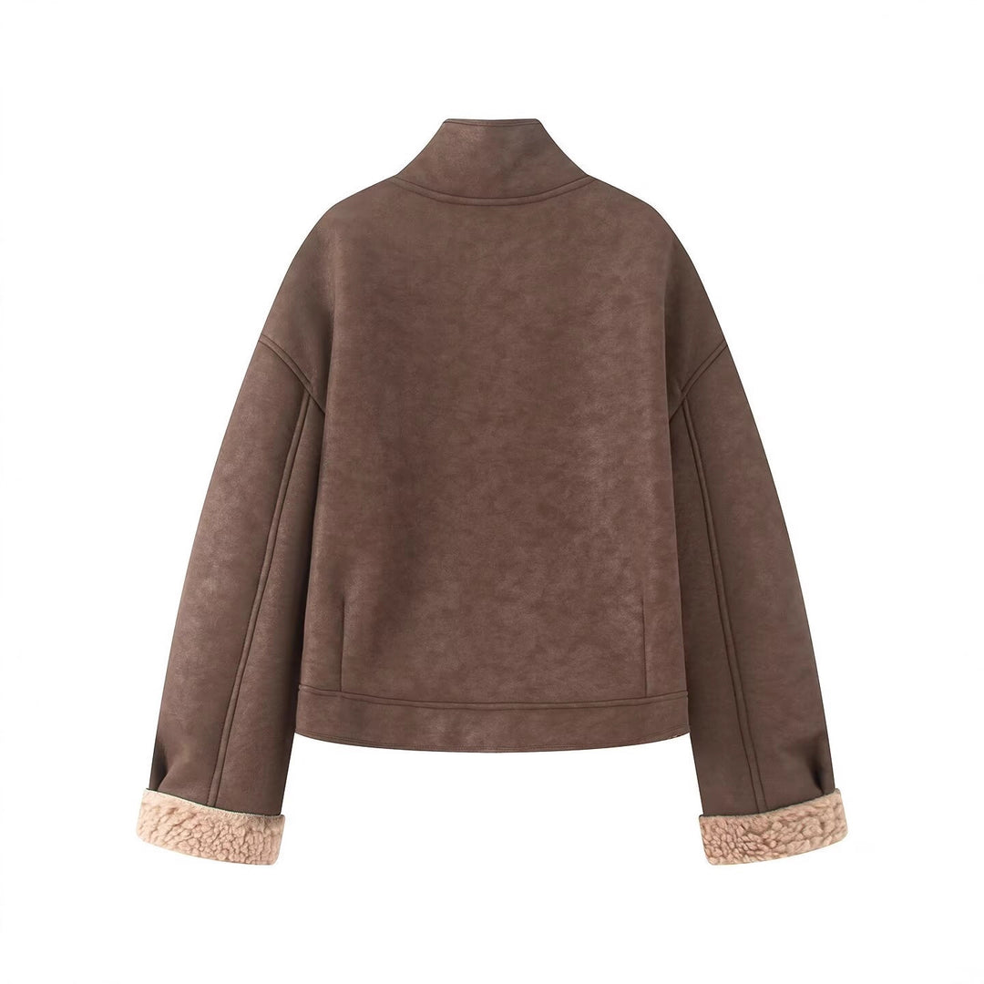 Women's short-cut artificial lambskin jacket with stand-up collar, button closure, and foldable faux-fur cuffs Mune Fashion