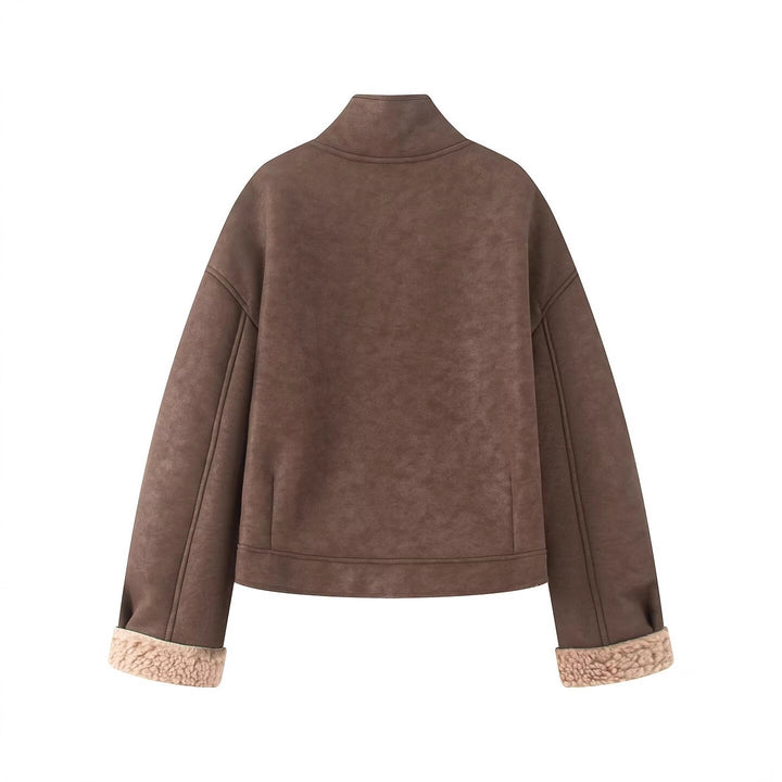 Women's short-cut artificial lambskin jacket with stand-up collar, button closure, and foldable faux-fur cuffs Mune Fashion