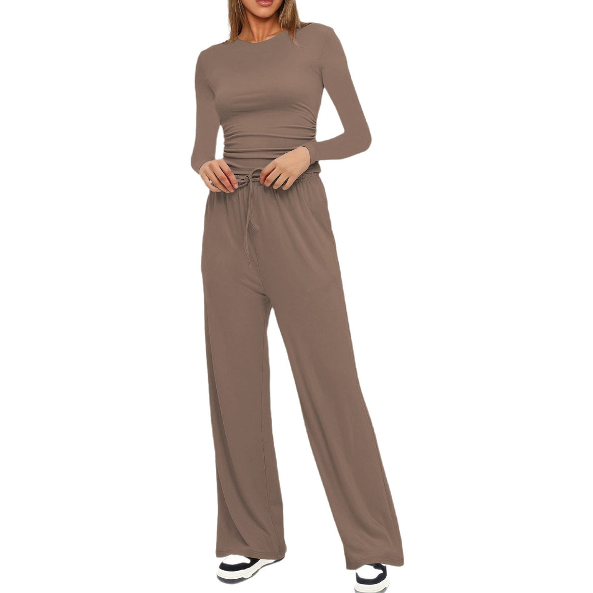 Women's Figure-Hugging Long Sleeve with Side Gathering and High-Waist Palazzo Jogging Pants Set Mune Fashion