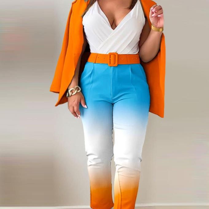 Women's tailoring set with animal print lapel, tailored belt blazer and high-waist slim pants Mune Fashion