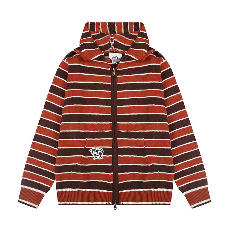 Women's hooded cardigan with full zip, striped texture, and Mune Fashion embroidery detail