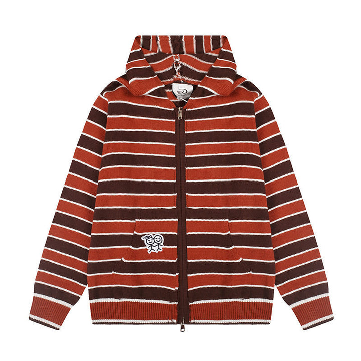 Women's hooded cardigan with full zip, striped texture, and Mune Fashion embroidery detail