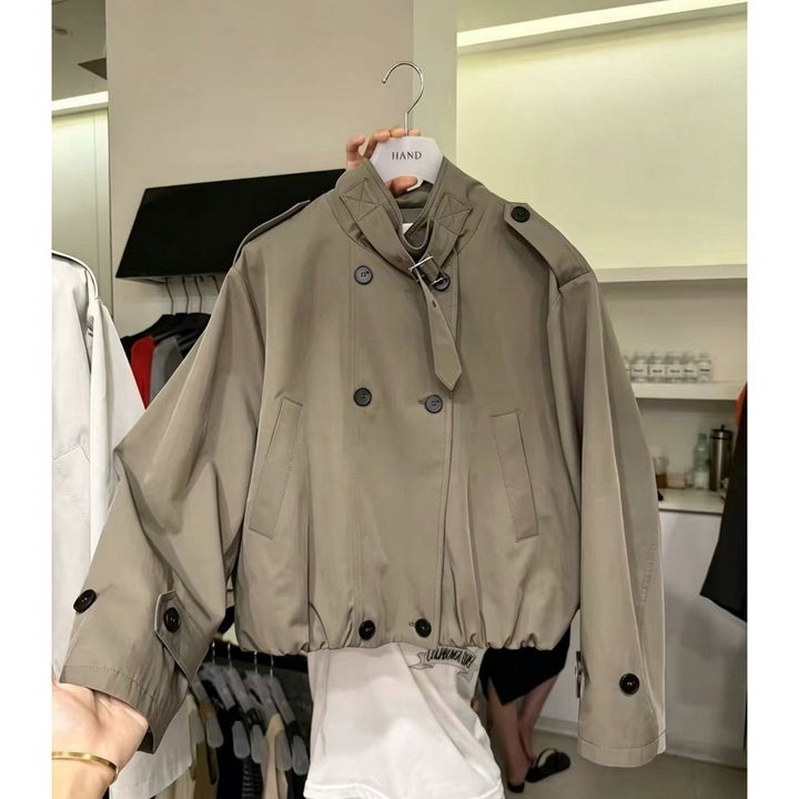 Women's Short Blouson Trench Coat with Stand-up Collar, Double-breasted Button Placket and Elastic Hem Mune Fashion