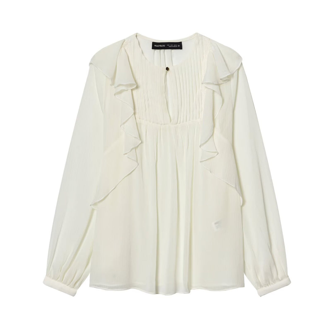 Women’s chiffon blouse with ruffle detail and pleated bust area Mune Fashion