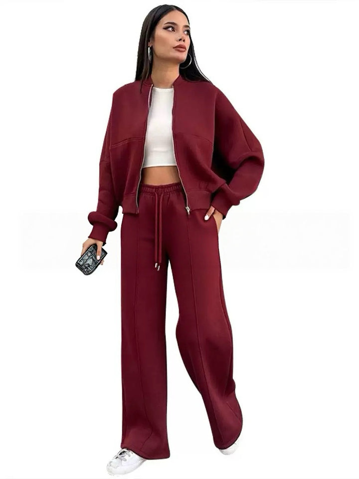 Women’s cropped bomber jacket with zipper and loose high-waist joggers set Mune Fashion