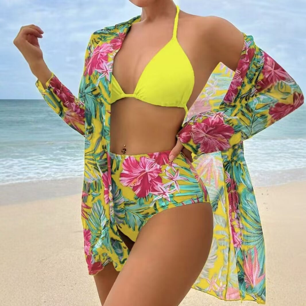 Women's bikini set with floral pattern and transparent beach cover-up Mune Fashion