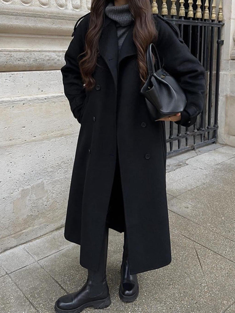 Women's Long Wool Blend Coat with Wide Lapels, Epaulettes and Adjustable Sleeve Straps Mune Fashion