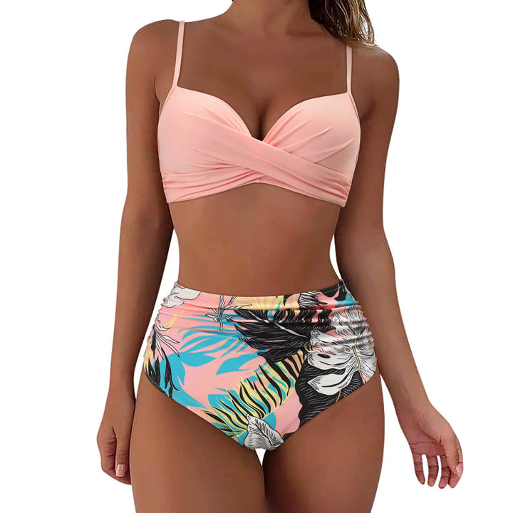 Women's High-Waisted Bikini Set with Floral Top and Gathered Bottom Mune Fashion