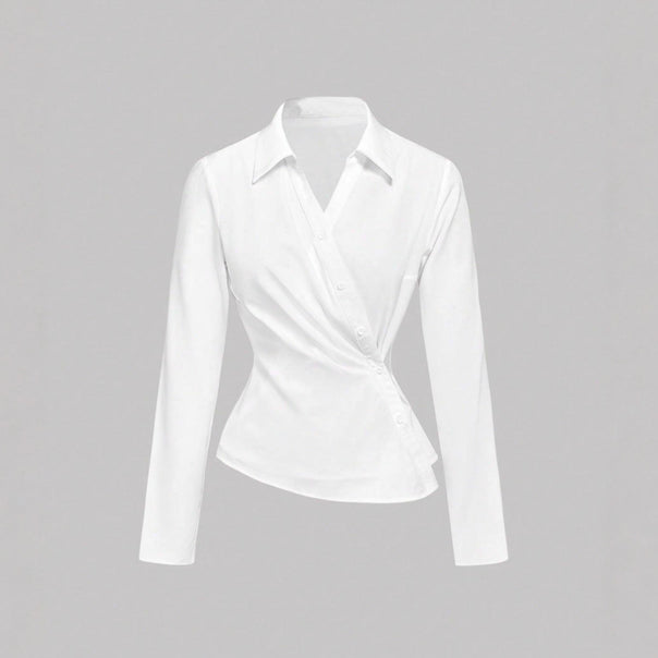 Women's wrap blouse with tailored draping and asymmetrical button placket Mune Fashion