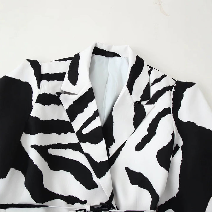 Women’s Blazer with Zebra Print, tailored tie belt and cut-out shoulders Mune Fashion