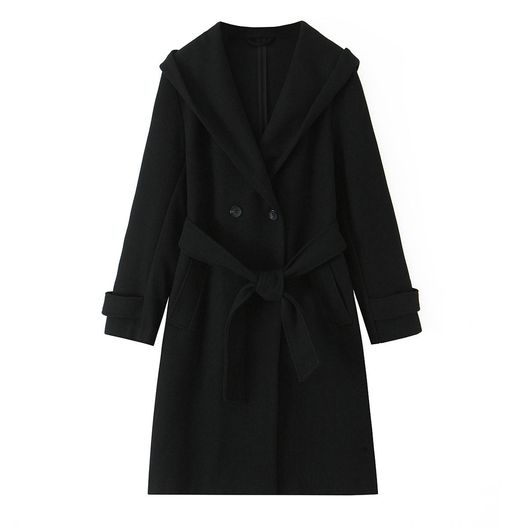 Women's Longer Tailored Coat with Hood, Tie Belt and Double-Breasted Button Placket Mune Fashion
