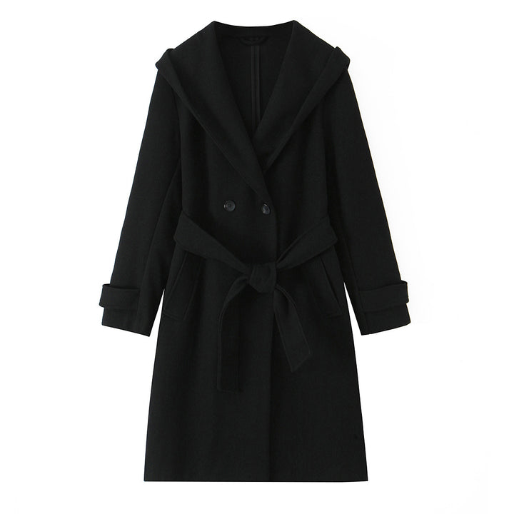 Women's Longer Tailored Coat with Hood, Tie Belt and Double-Breasted Button Placket Mune Fashion