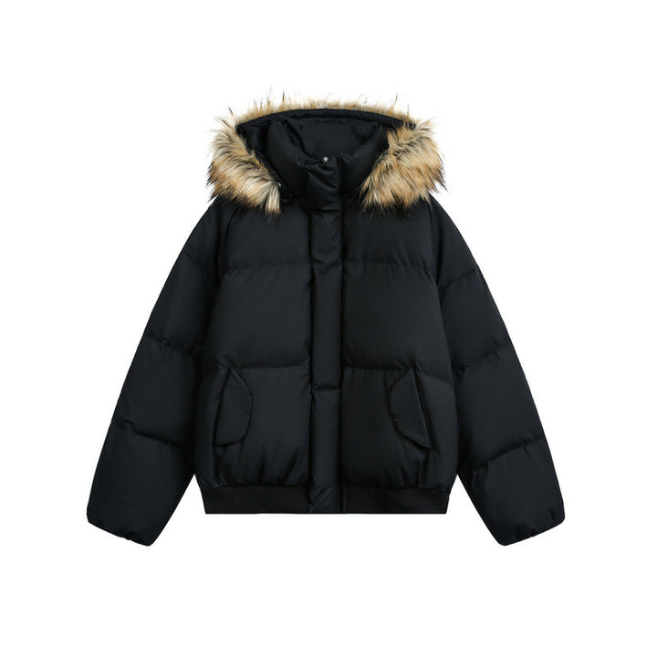 Women short quilted bomber jacket with hood and faux fur trim Mune Fashion