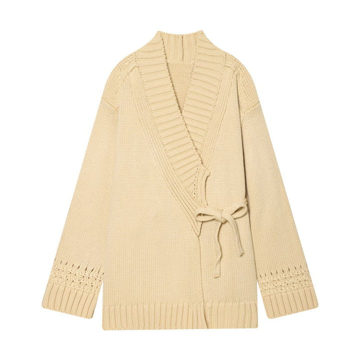 Women's wrap knit cardigan with shawl collar, tie belt and crochet sleeves Mune Fashion