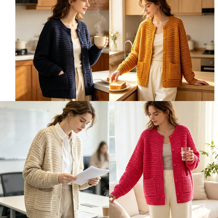 Ladies chunky knitted oversized cardigan with button placket and patch pockets Mune Fashion