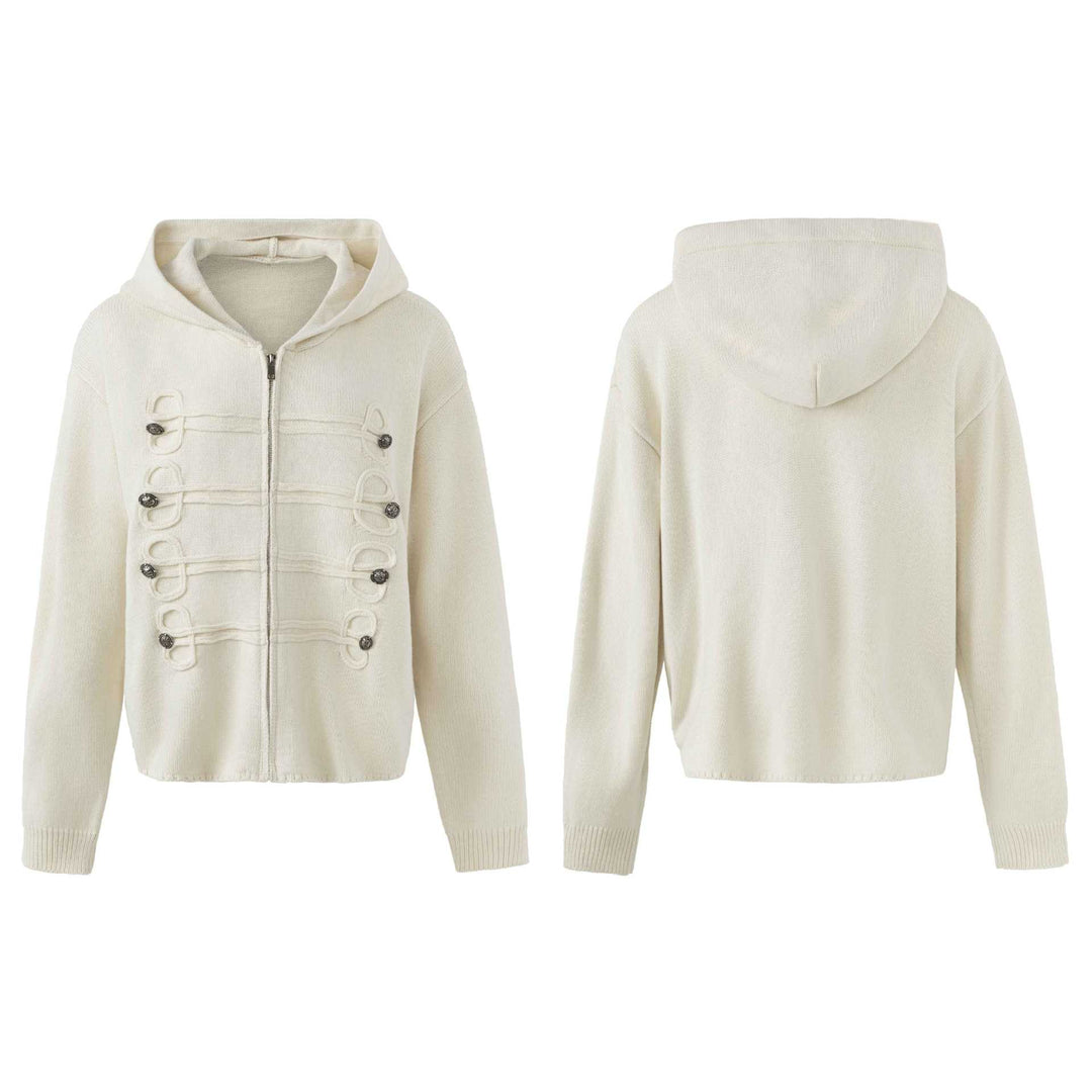 Women's Hooded Cardigan with Military Decorative Buttons and Zipper Mune Fashion