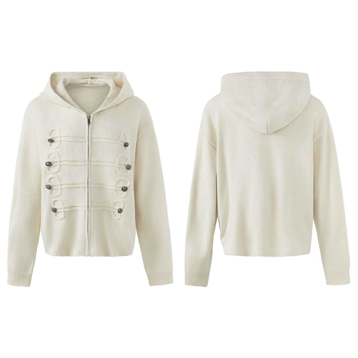 Women's Hooded Cardigan with Military Decorative Buttons and Zipper Mune Fashion