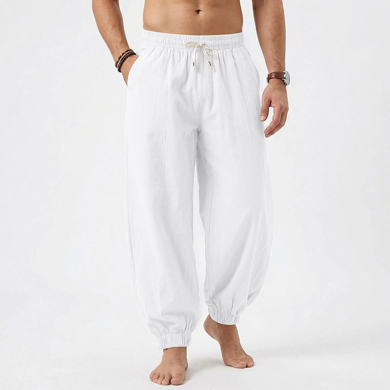 Men's relaxed harem pants made of linen blend with elastic drawstring waistband and gathered ankle closures Mune Fashion