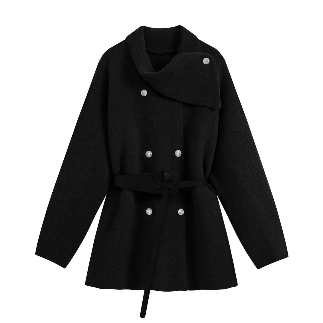 Women's short coat with asymmetrical shawl collar, double-breasted button placket and waist belt Drune