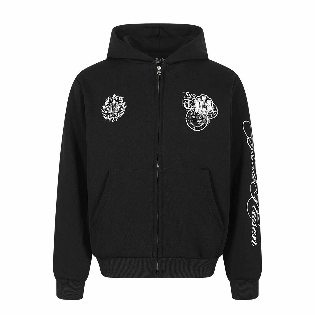 Unisex Hooded Sweat Jacket with Full Zip, Kangaroo Pocket and Ornamental Seal Prints Mune Fashion