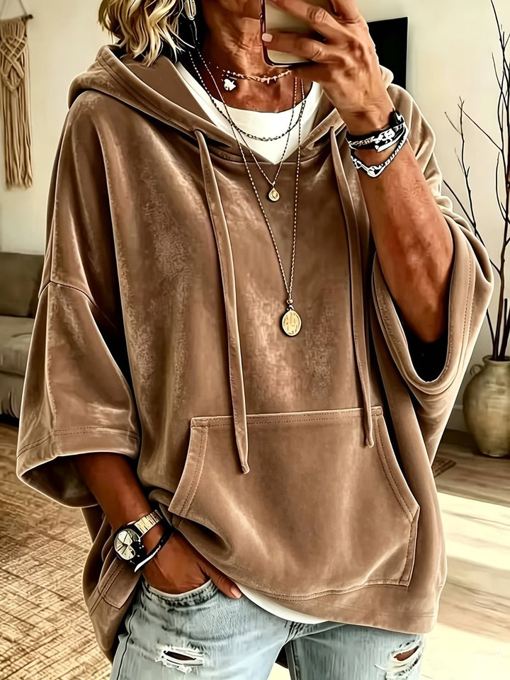 Women's Oversize Velvet Hoodie with Half Sleeves, Hood, and Kangaroo Pocket Mune Fashion