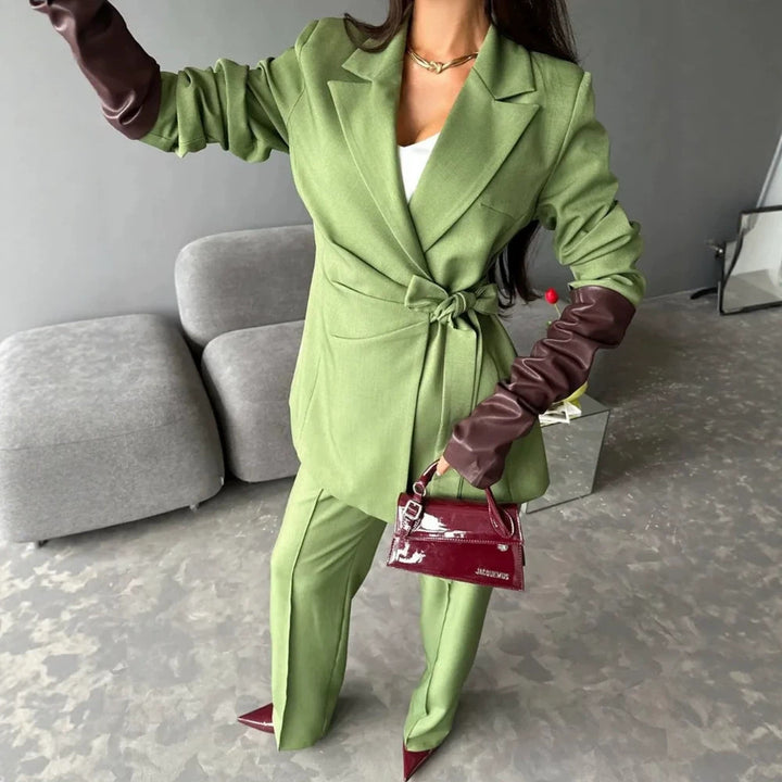 Women Tailored Blazer Coat with Tie Belt and Wide Suit Trousers Mune Fashion