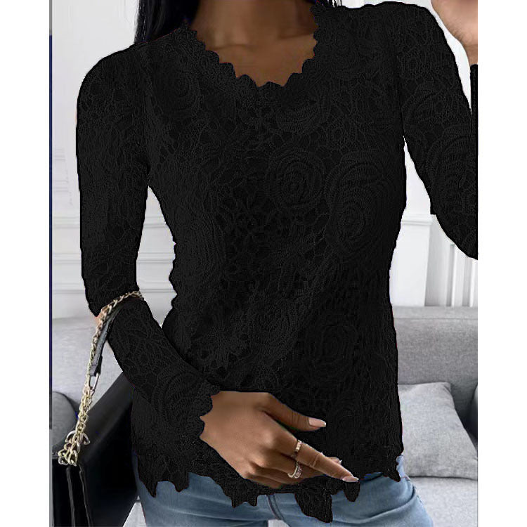 Women nan figure-hugging lace blouse with floral allover lace, long sleeves and scalloped hem Mune Fashion