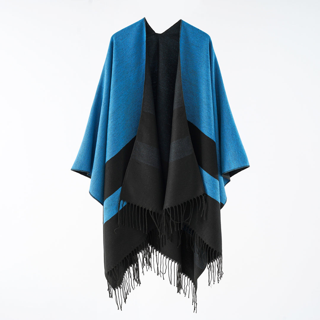 Ladies multifunctional fringe wrap poncho made of wool blend with double-layered drape