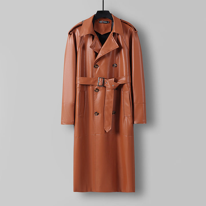 Men's Long Faux Leather Trench Coat with Double Breasted, Belted Waist and Epaulettes Mune Fashion