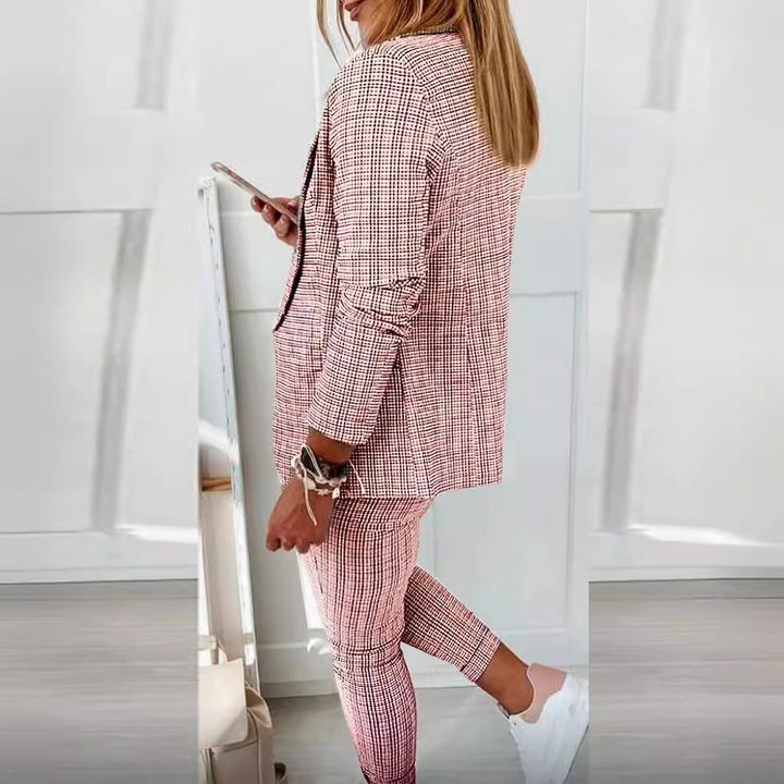 Ladies two-piece checked pattern business-casual blazer set with elastic waistband pants Mune Fashion