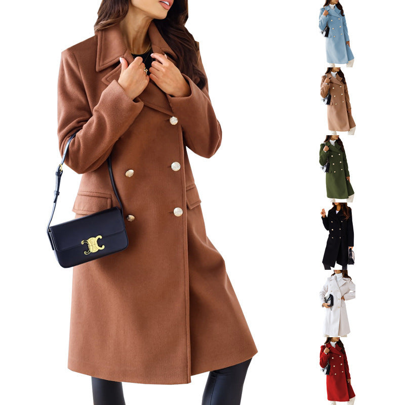 Women's tailored wool blend long coat with double button placket, lapel collar, and flap pockets Mune Fashion