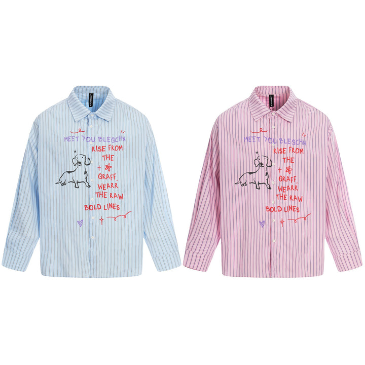 Women's Oversize Shirt Blouse with Striped Texture and Hand-Drawn Graphic Print Mune Fashion