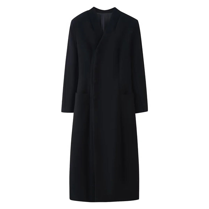 Women's nano minimalist long coat with narrow shawl collar and patch pockets Mune Fashion