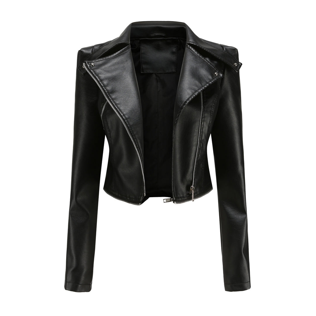 Women nan tailored biker jacket made of faux leather with asymmetric zipper and decorative epaulettes Mune Fashion