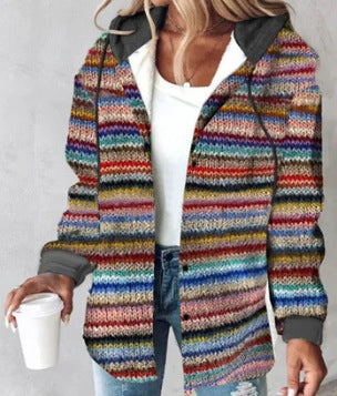 Women's hooded cardigan with stripes and snap button placket Mune Fashion