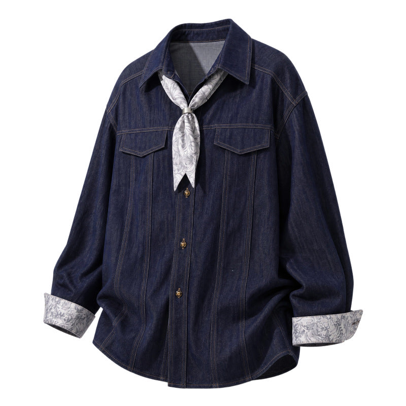 Women's Oversize Chambray Blouse with Decorative Seams, Chest Pockets & Integrated Neck Scarf Mune Fashion
