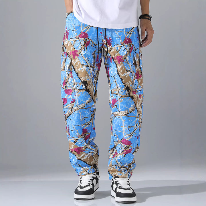 Men's patterned cargo jogging pants with drawstring waistband, cargo pockets & elastic ankle cuffs Mune Fashion