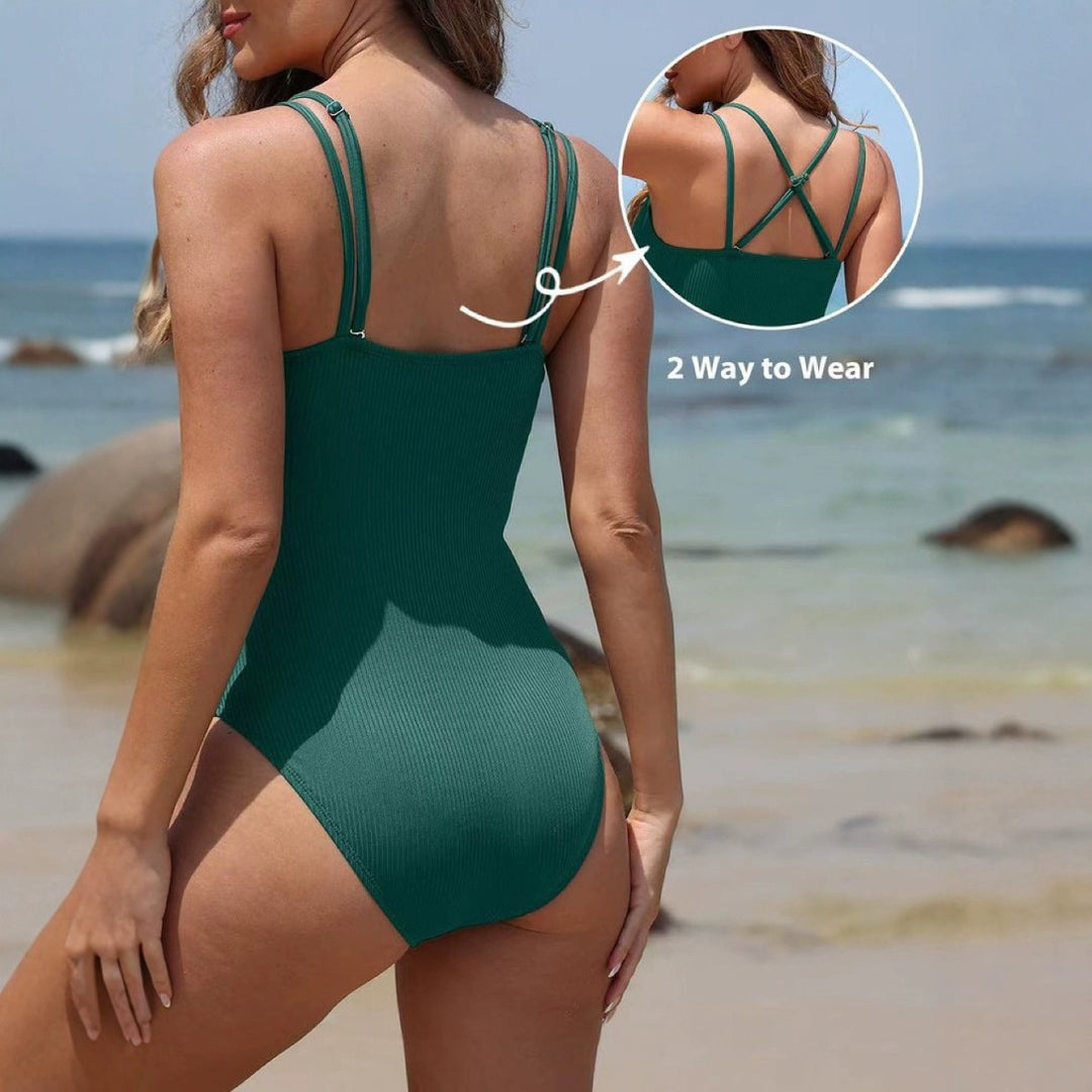 Women's One-Piece Swimsuit with Stylish Back Cutout and Decorative Cuff Mune Fashion