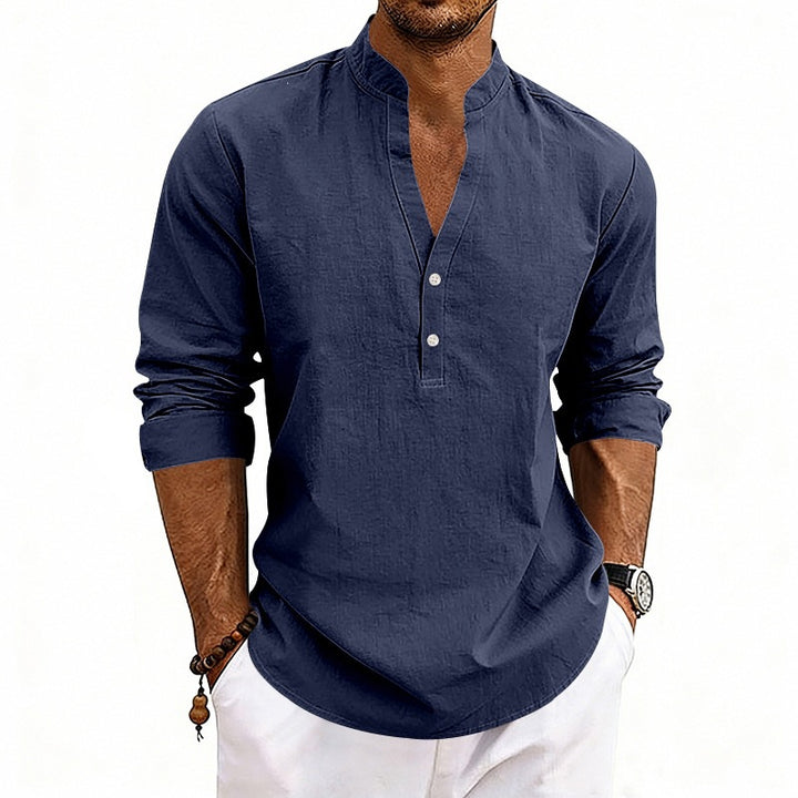 Men's Casual Long Sleeve Shirt Made of Linen with Stand-Up Collar and Short Button Placket Mune Fashion