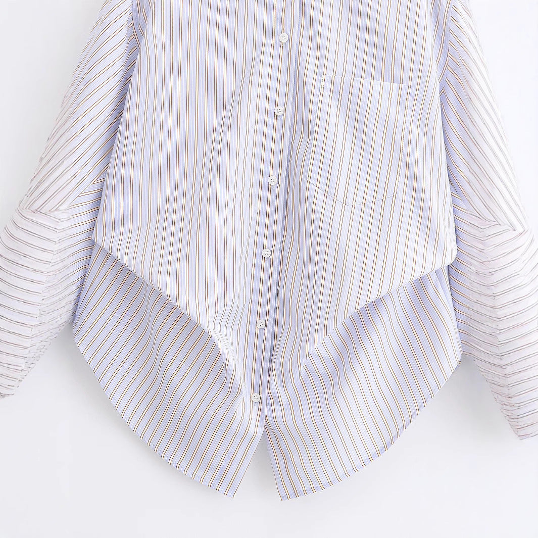 Women's Oversize Shirt Blouse with fine vertical stripes, chest pocket and rounded hem Mune Fashion