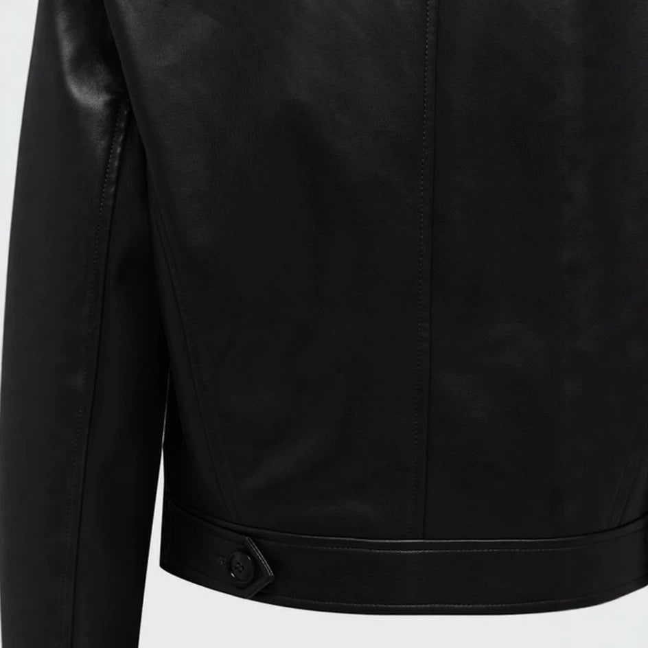 Women short cut double-breasted leather jacket with wide lapels Mune Fashion