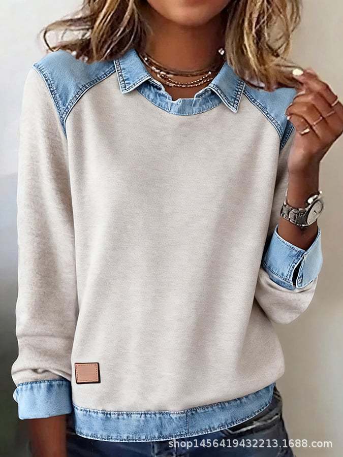 Women's knit sweater with denim collar and button placket Mune Fashion